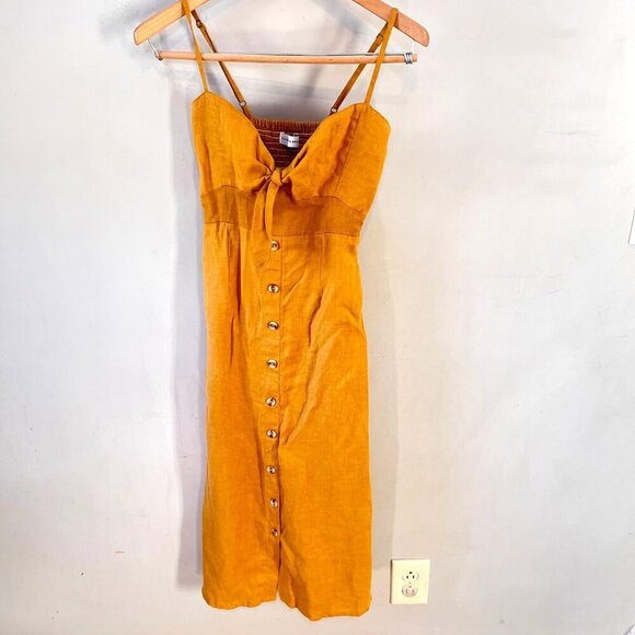 Faithfull The Brand Womens XS Mustard Linen Midi Dress With Bow & Button Detail - Picture 1 of 6
